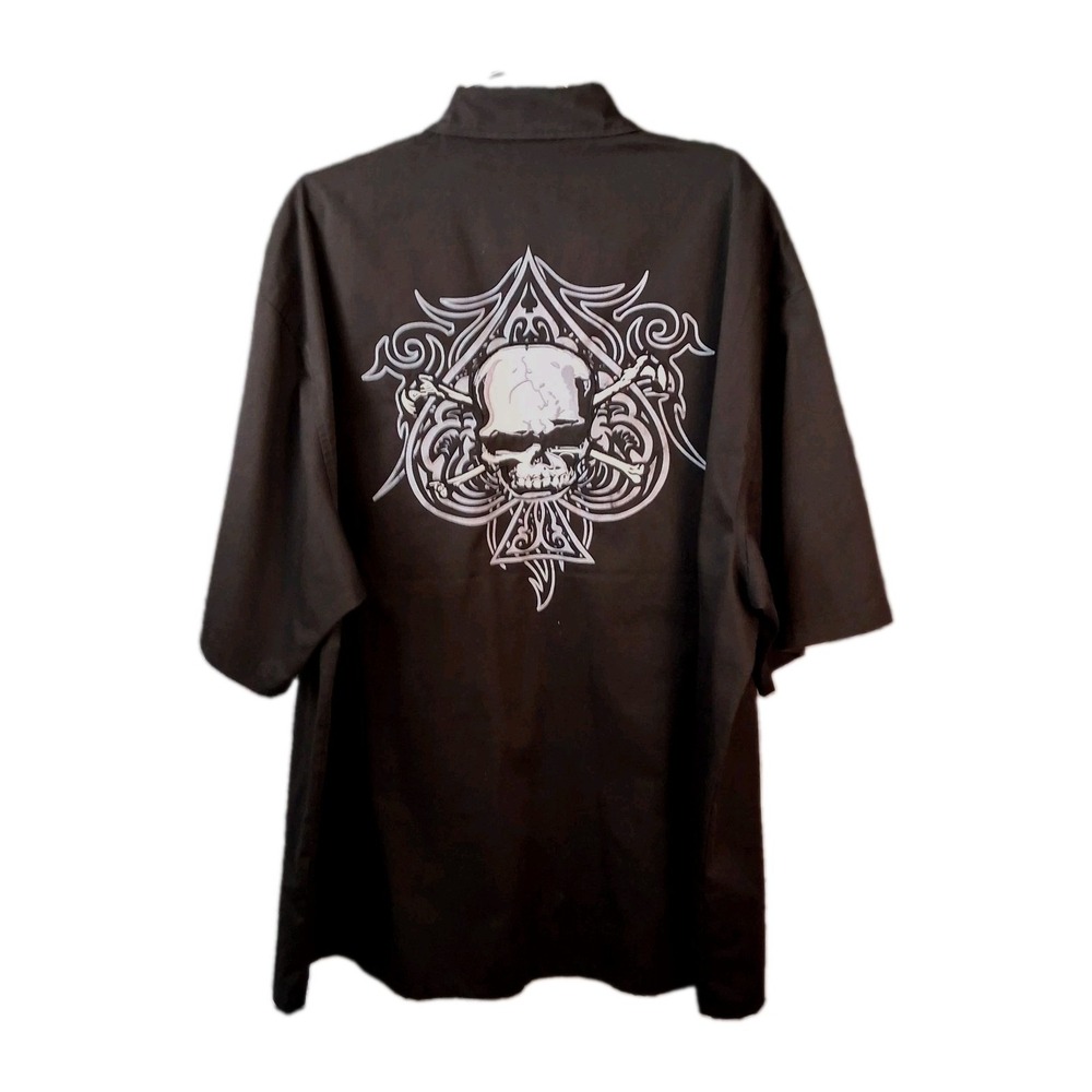 Hard Chrome Gear Men's 3 XL Black Skull Embroidered Bowling Button Up Shirt Y2K